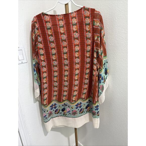 Umgee Boho Chic Mismatch Multicolor Floral Bell Sleeve Flirty Mini Dress Medium - Picture 4 of 6